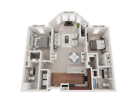 Floor plan for 2 beds, 2 baths, 1213 sqft